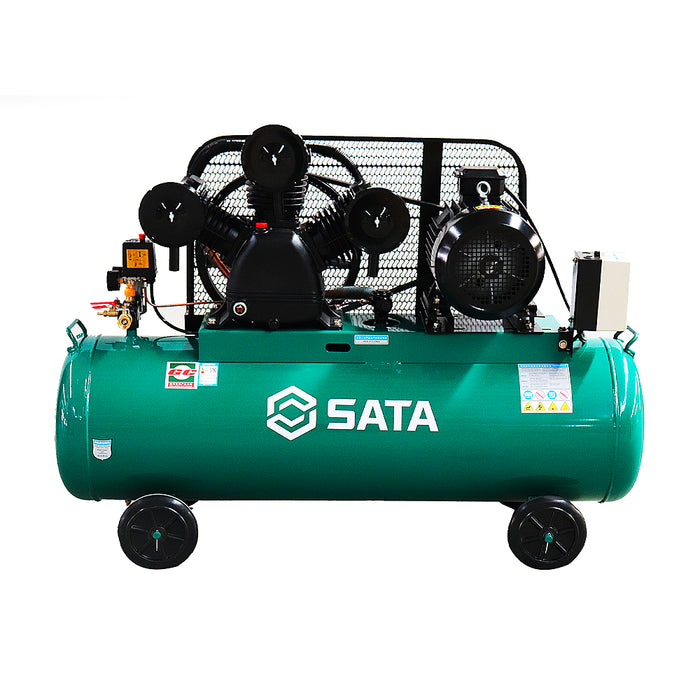 Máy nén khí 190L lắp trên khung có bánh xe di chuyển, hoạt động theo cơ chế nén piston, công suất 7.5KW, dùng trong garage sửa xe ô tô, SATA - AE5803