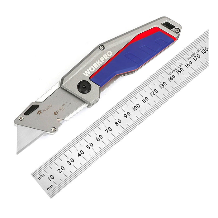 Dao gấp đa năng thay lưỡi nhanh, thân nhôm có nhựa chống trượt, lưỡi dao bằng thép SK5 Workpro WP011029 (mã mới WP211012)