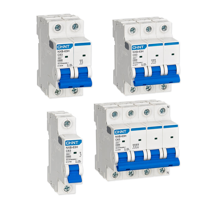 Cầu dao tự động loại nhỏ MCB Chint NXB-63H series, tải danh định từ 6A - 63A, dòng cắt 10kA. Tiêu chuẩn quốc tế 