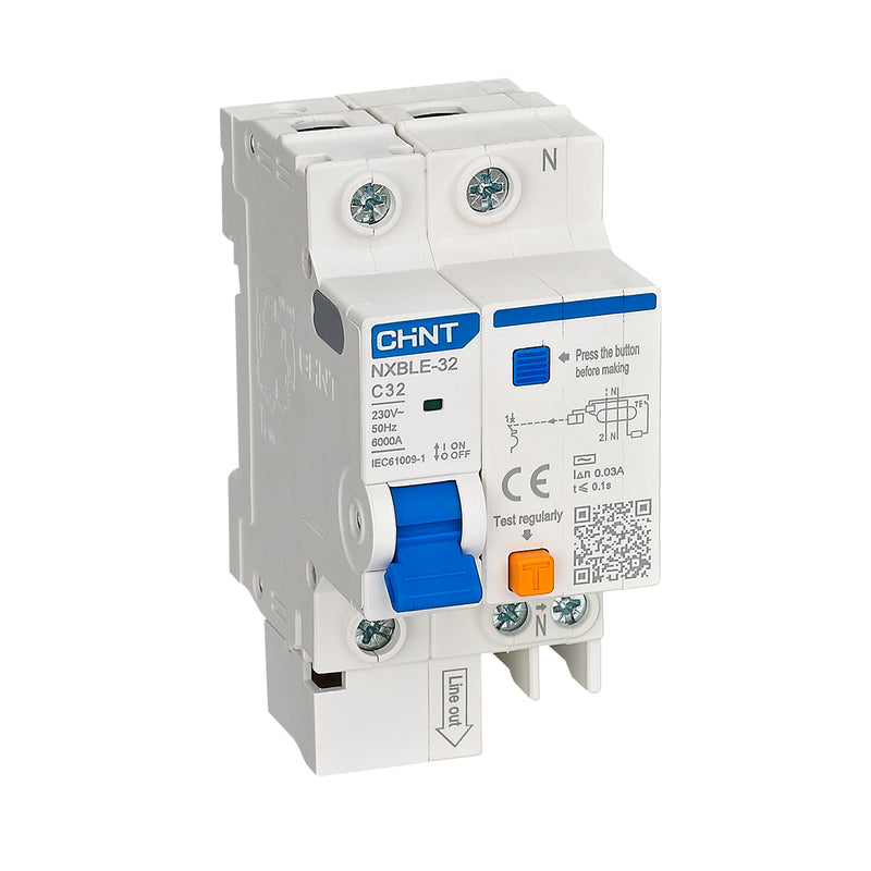 Cầu dao chống giật kết hợp với bảo vệ quá tải, ngắn mạch Chint NXBLE-32/63, tải định mức từ 6A ~ 63A, dòng cắt 6kA, dòng rò 30mA
