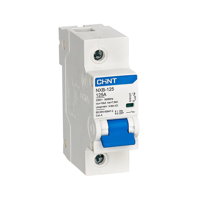 Cầu dao tự động loại nhỏ MCB Chint NXB-125 series, tải danh định từ 63A - 125A, dòng cắt 10kA. Tiêu chuẩn quốc tế