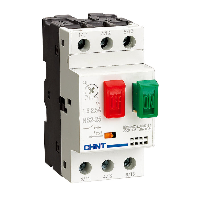 Bộ khởi động động cơ trực tiếp Chint NS2-25, 3P dãi điện áp rộng, công suất từ 60W ~ 11kW lắp thanh ray. Chứng chỉ CE, UL, EACH, Intertek