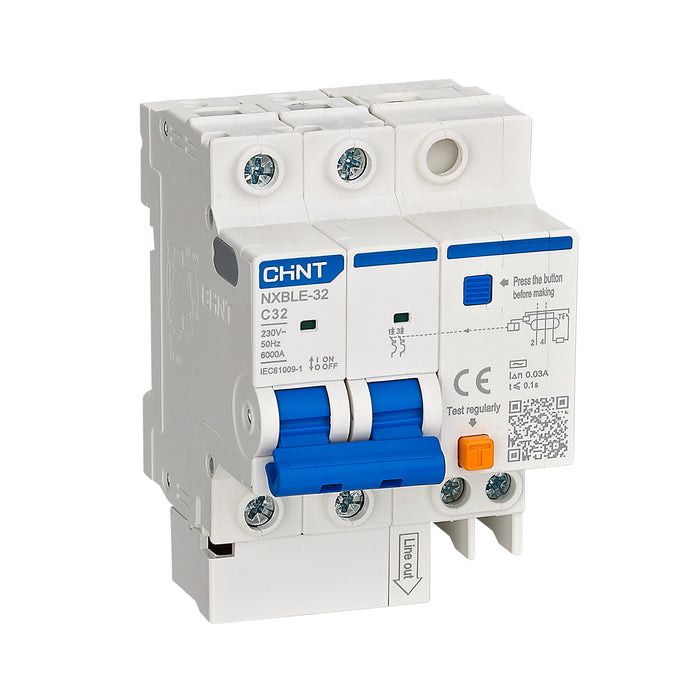 Cầu dao chống giật kết hợp với bảo vệ quá tải, ngắn mạch Chint NXBLE-32/63, tải định mức từ 6A ~ 63A, dòng cắt 6kA, dòng rò 30mA