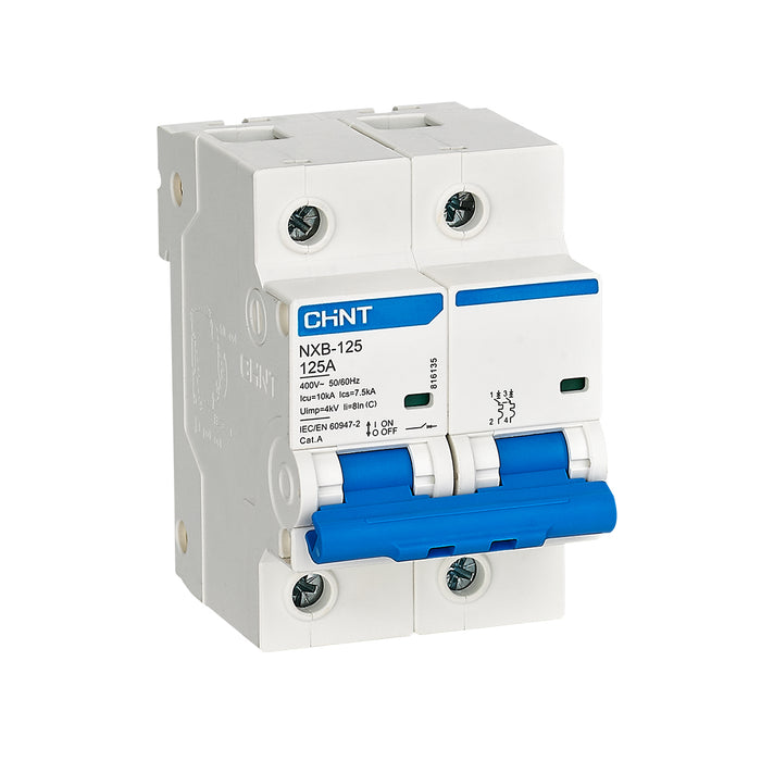 Cầu dao tự động loại nhỏ MCB Chint NXB-125 series, tải danh định từ 63A - 125A, dòng cắt 10kA. Tiêu chuẩn quốc tế