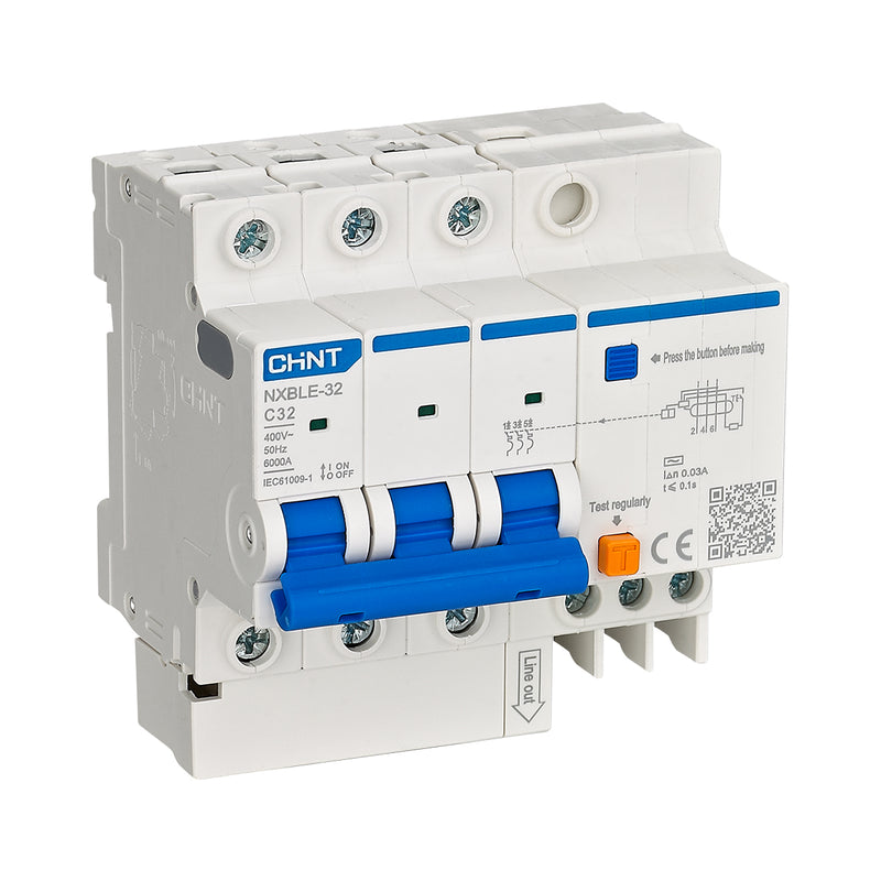 Cầu dao chống giật kết hợp với bảo vệ quá tải, ngắn mạch Chint NXBLE-32/63, tải định mức từ 6A ~ 63A, dòng cắt 6kA, dòng rò 30mA