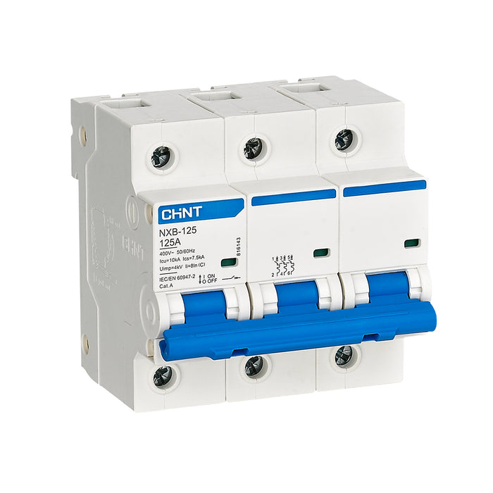 Cầu dao tự động loại nhỏ MCB Chint NXB-125 series, tải danh định từ 63A - 125A, dòng cắt 10kA. Tiêu chuẩn quốc tế