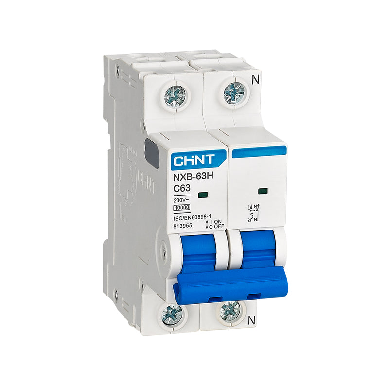 Cầu dao tự động loại nhỏ MCB Chint NXB-63H series, tải danh định từ 6A - 63A, dòng cắt 10kA. Tiêu chuẩn quốc tế