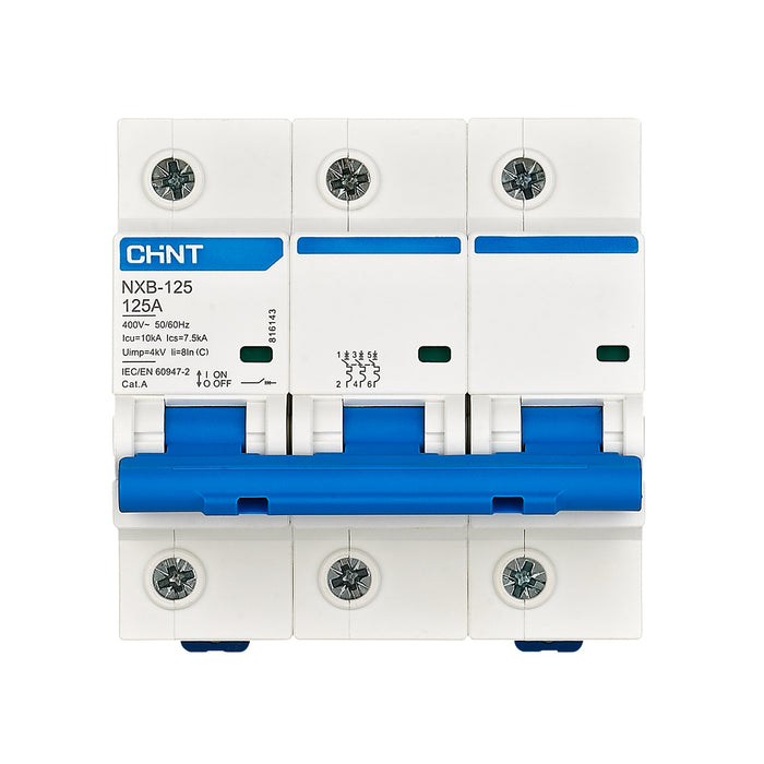 Cầu dao tự động loại nhỏ MCB Chint NXB-125 series, tải danh định từ 63A - 125A, dòng cắt 10kA. Tiêu chuẩn quốc tế 
