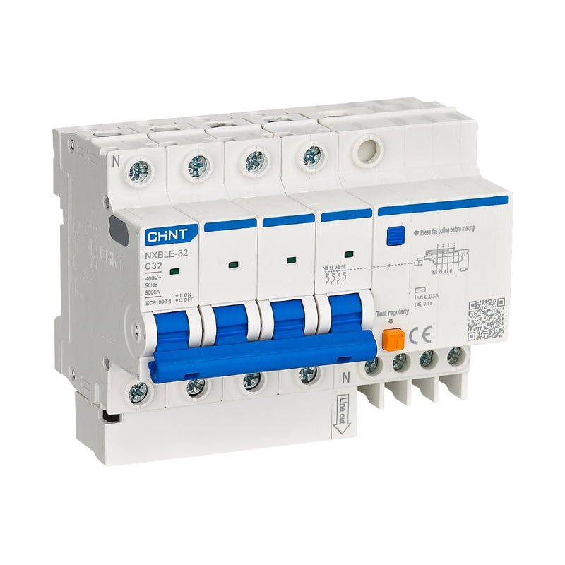 Cầu dao chống giật kết hợp với bảo vệ quá tải, ngắn mạch Chint NXBLE-32/63, tải định mức từ 6A ~ 63A, dòng cắt 6kA, dòng rò 30mA