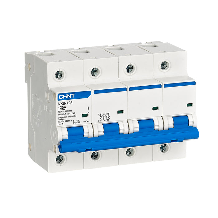 Cầu dao tự động loại nhỏ MCB Chint NXB-125 series, tải danh định từ 63A - 125A, dòng cắt 10kA. Tiêu chuẩn quốc tế