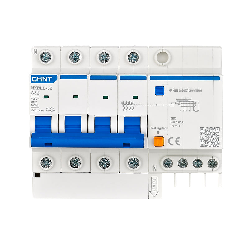 Cầu dao chống giật kết hợp với bảo vệ quá tải, ngắn mạch Chint NXBLE-32/63, tải định mức từ 6A ~ 63A, dòng cắt 6kA, dòng rò 30mA 
