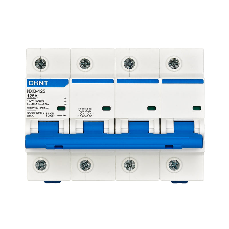Cầu dao tự động loại nhỏ MCB Chint NXB-125 series, tải danh định từ 63A - 125A, dòng cắt 10kA. Tiêu chuẩn quốc tế 