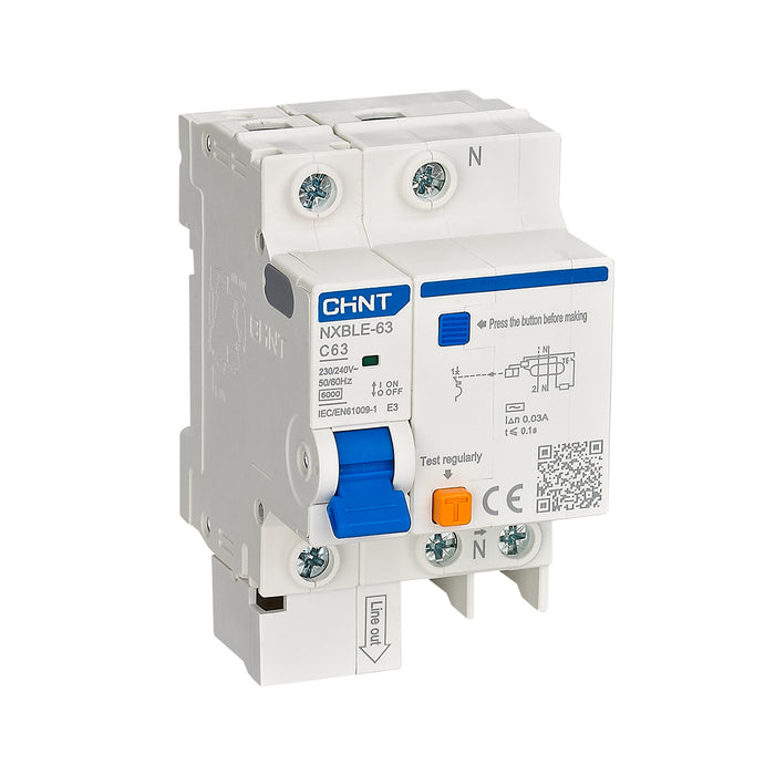 Cầu dao chống giật kết hợp với bảo vệ quá tải, ngắn mạch Chint NXBLE-32/63, tải định mức từ 6A ~ 63A, dòng cắt 6kA, dòng rò 30mA