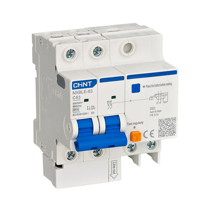 Cầu dao chống giật kết hợp với bảo vệ quá tải, ngắn mạch Chint NXBLE-32/63, tải định mức từ 6A ~ 63A, dòng cắt 6kA, dòng rò 30mA