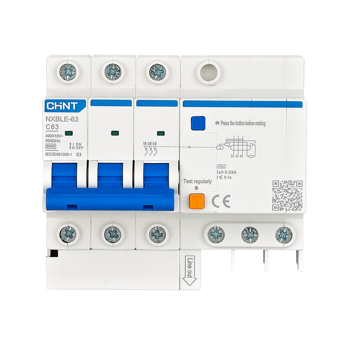 Cầu dao chống giật kết hợp với bảo vệ quá tải, ngắn mạch Chint NXBLE-32/63, tải định mức từ 6A ~ 63A, dòng cắt 6kA, dòng rò 30mA 