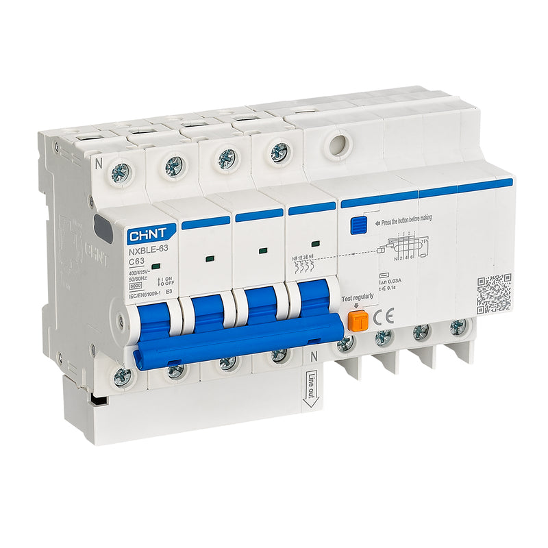 Cầu dao chống giật kết hợp với bảo vệ quá tải, ngắn mạch Chint NXBLE-32/63, tải định mức từ 6A ~ 63A, dòng cắt 6kA, dòng rò 30mA