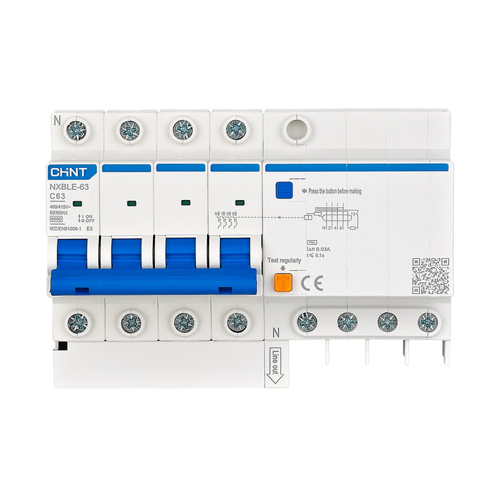 Cầu dao chống giật kết hợp với bảo vệ quá tải, ngắn mạch Chint NXBLE-32/63, tải định mức từ 6A ~ 63A, dòng cắt 6kA, dòng rò 30mA 