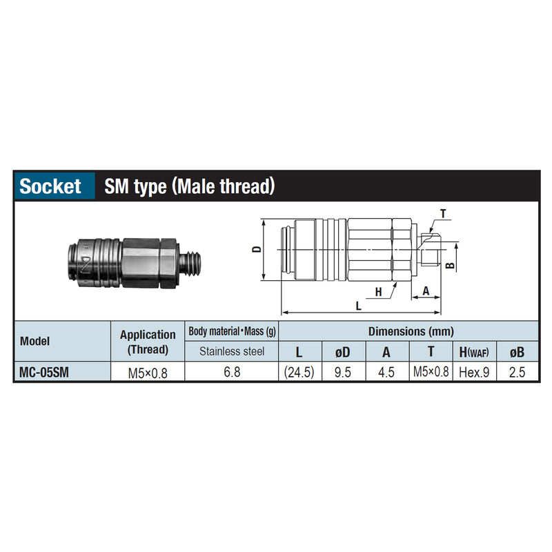 Đầu nối nhanh Micro Cupla SM-Type (Socket) MC-05SM SUS chất liệu Inox, kiểu kết nối ren ngoài M5x0.8