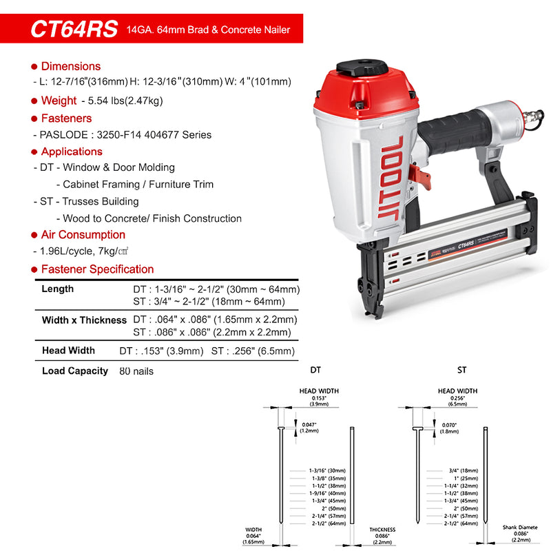 Máy bắn đinh bê tông dùng khí nén JITOOL CT64RS, kích thước đinh tối đa 64mm, cỡ đinh 14Ga