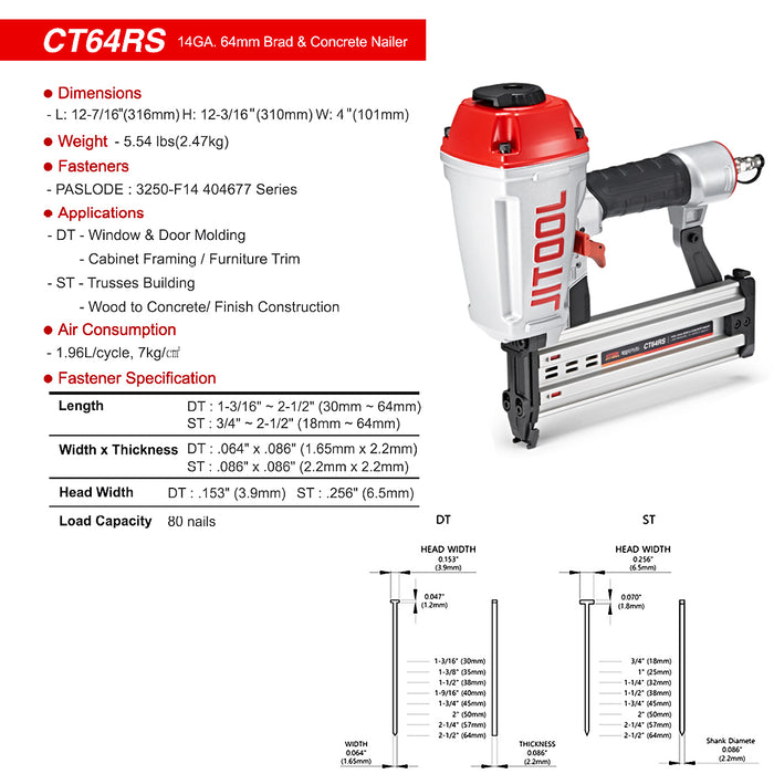 Máy bắn đinh bê tông dùng khí nén JITOOL CT64RS, kích thước đinh tối đa 64mm, cỡ đinh 14Ga