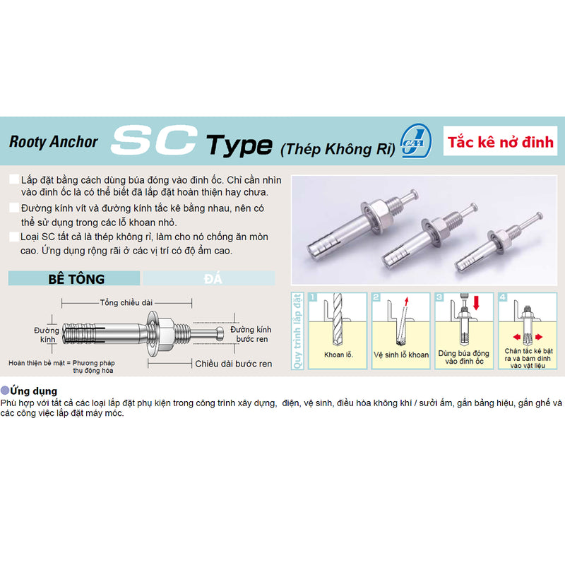 Tắc kê nở đinh SC-Type hệ mét và inch Unika, chất liệu thép không gỉ, chuyên dùng cho bê tông, đá. Chứng nhận JCAA