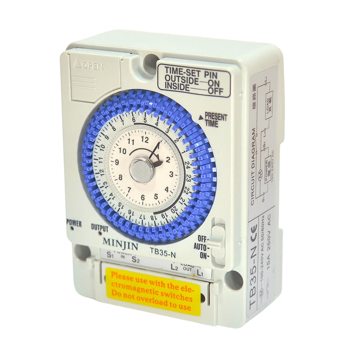 Timer hẹn giờ cài đặt được 96 chương trình chỉnh cơ Minjin TB35-N, tải 20A, có Pin dự trữ lưu 100 giờ