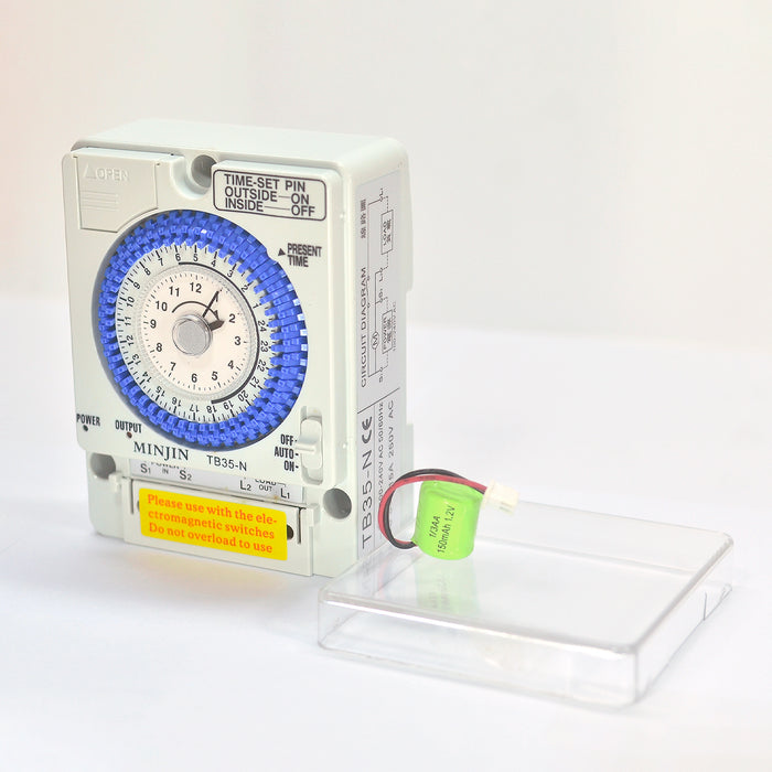 Timer hẹn giờ cài đặt được 96 chương trình chỉnh cơ Minjin TB35-N, tải 20A, có Pin dự trữ lưu 100 giờ