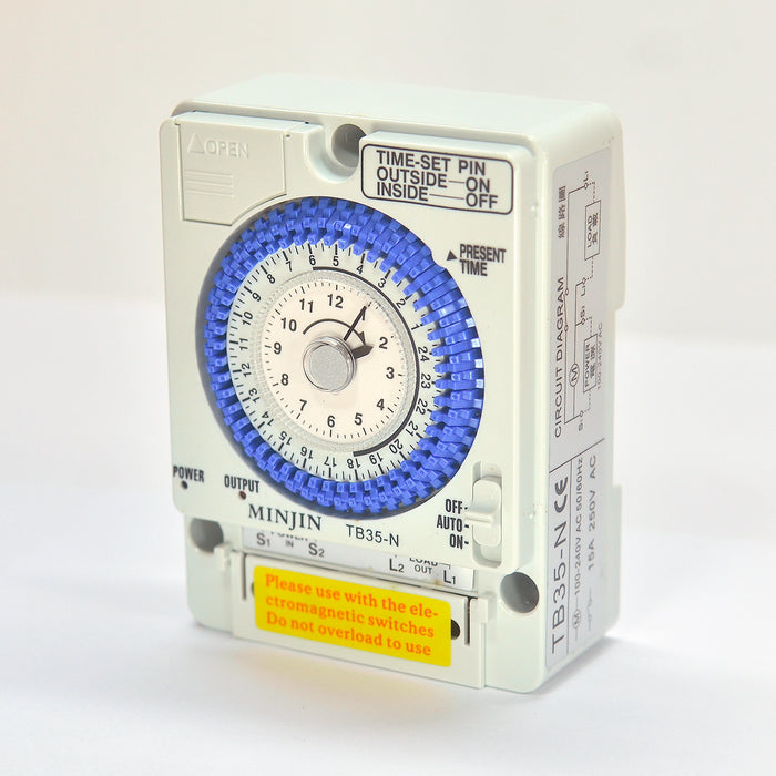 Timer hẹn giờ cài đặt được 96 chương trình chỉnh cơ Minjin TB35-N, tải 20A, có Pin dự trữ lưu 100 giờ