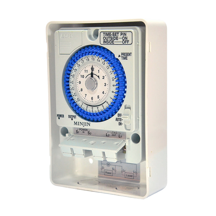 Hộp timer hẹn giờ kín nước Minjin TB-35S cài đặt được 96 chương trình chỉnh cơ, tải 20A,  có Pin dự trữ lưu 100 giờ