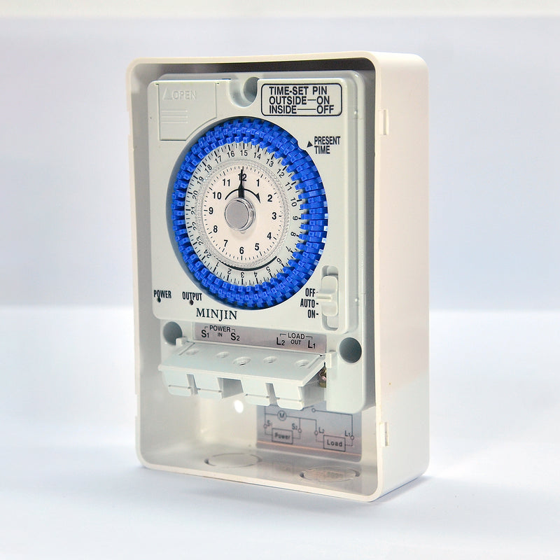 Hộp timer hẹn giờ kín nước MINJIN TB-35S cài đặt được 96 chương trình chỉnh cơ, tải 20A, có Pin dự trữ lưu 100 giờ