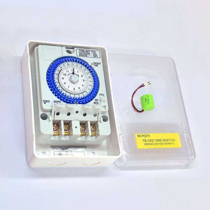 Hộp timer hẹn giờ kín nước Minjin TB-35S cài đặt được 96 chương trình chỉnh cơ, tải 20A,  có Pin dự trữ lưu 100 giờ