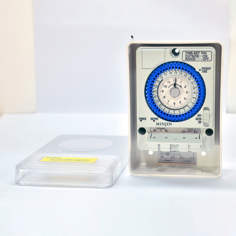 Hộp timer hẹn giờ kín nước MINJIN TB-35S cài đặt được 96 chương trình chỉnh cơ, tải 20A, có Pin dự trữ lưu 100 giờ