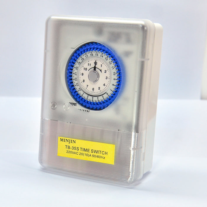 Hộp timer hẹn giờ kín nước Minjin TB-35S cài đặt được 96 chương trình chỉnh cơ, tải 20A,  có Pin dự trữ lưu 100 giờ