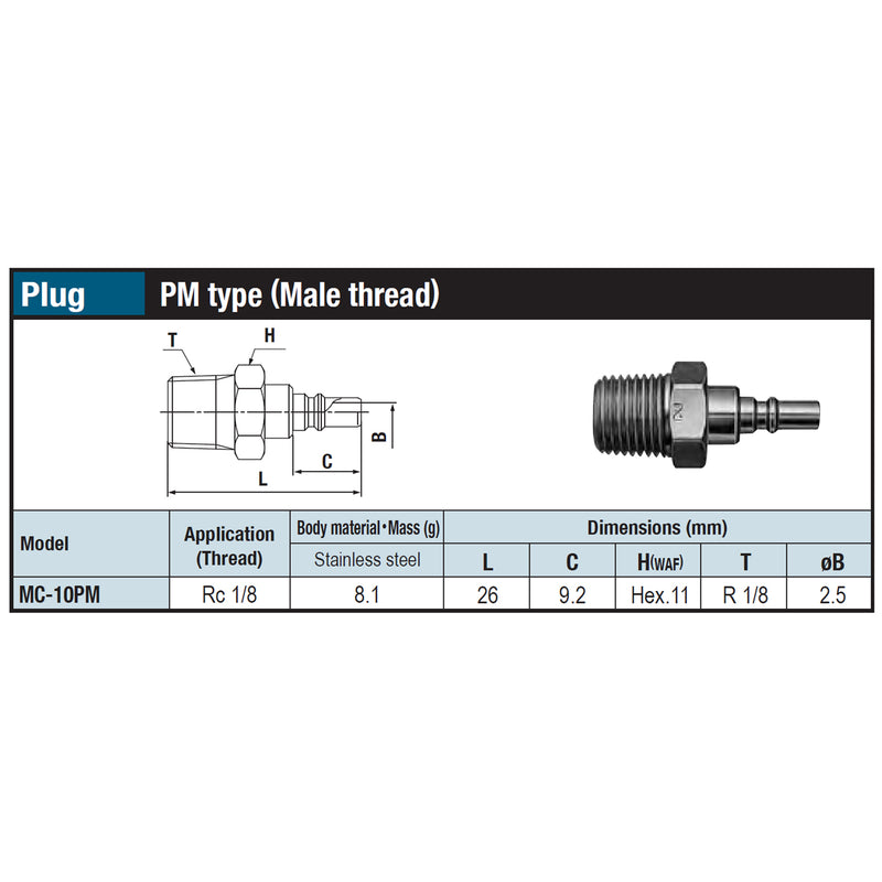 Đầu nối nhanh Micro Cupla PM-Type (Plug) MC-10PM SUS chất liệu Inox, kiểu kết nối ren ngoài Rc 1/8