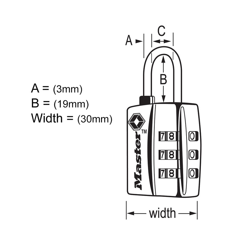 Ổ khóa số mini Master Lock 4680DNKL cao cấp đạt chuẩn TSA, thân khóa bằng kim loại phủ sơn màu nikel 30mm, 3 cọc số