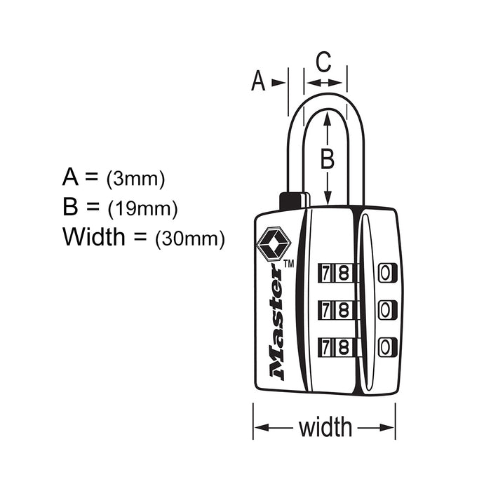 Ổ khóa số mini Master Lock 4680DNKL cao cấp đạt chuẩn TSA, thân khóa bằng kim loại phủ sơn màu nikel 30mm, 3 cọc số