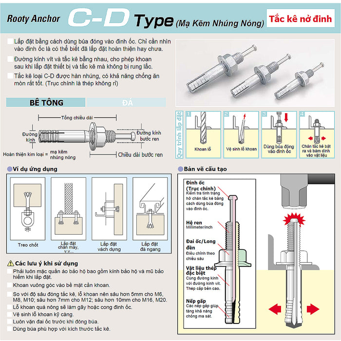 Tắc kê nở đinh C-D Type hệ mét Unika, chất liệu mạ kẽm nhúng nóng, chuyên dùng cho bê tông, đá