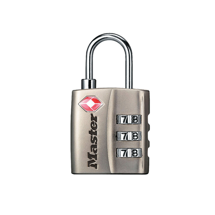 Ổ khóa số mini Master Lock 4680DNKL cao cấp đạt chuẩn TSA, thân khóa bằng kim loại phủ sơn màu nikel 30mm, 3 cọc số