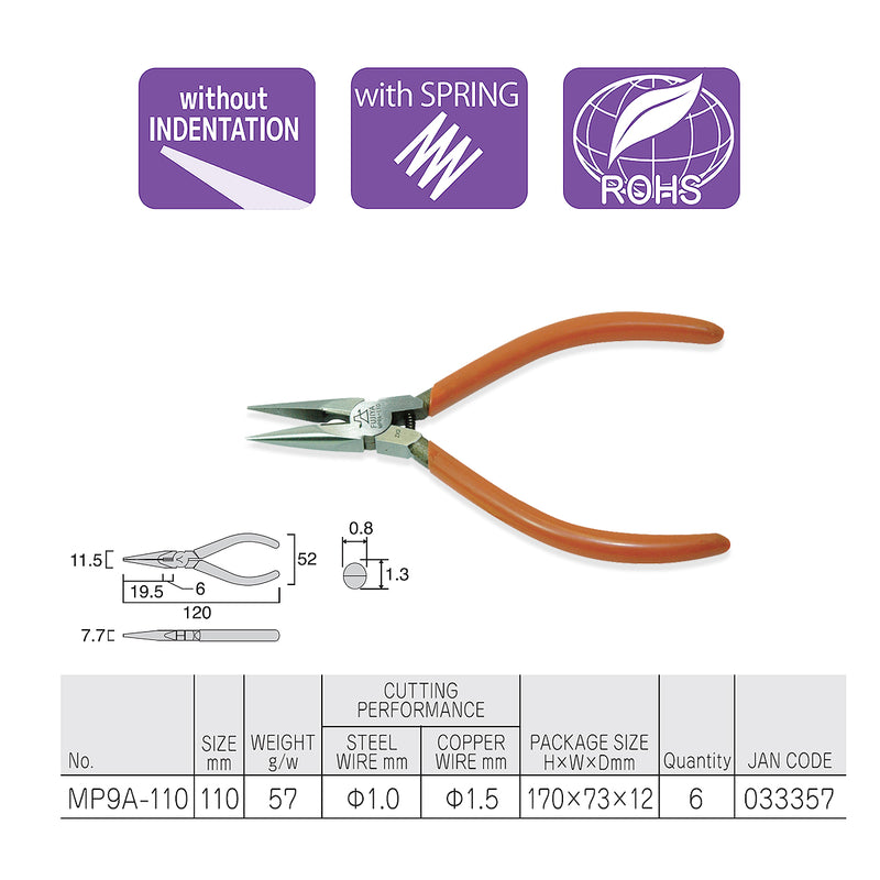 Kìm nhọn mini mũi ngắn 110m (4.5 inch) Fujiya MP9A-110, có lò xo trợ lực. Tiêu chuẩn RoHS. Xuất xứ Nhật Bản