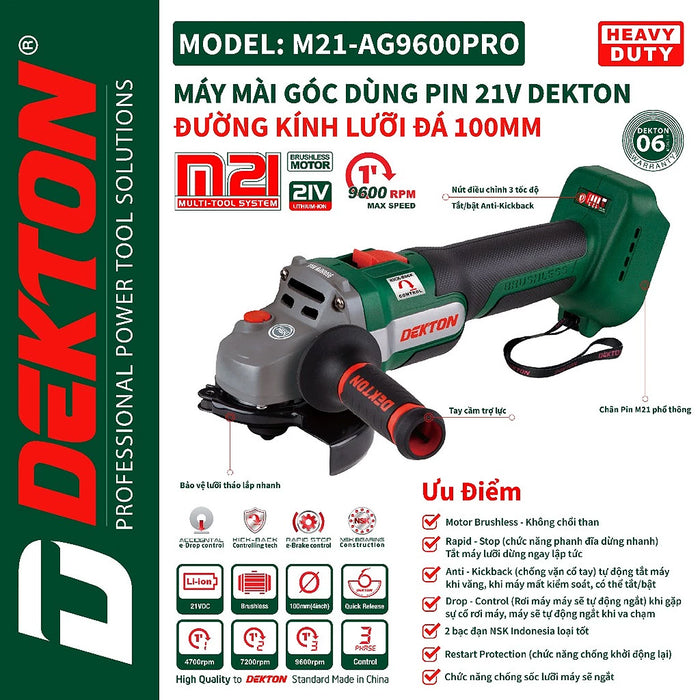 Máy mài góc Dekton M21-AG9600PRO dùng pin 21V, đường kính lưỡi 100mm