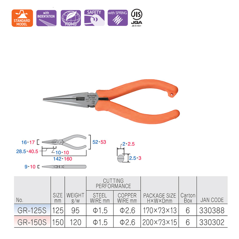 Kìm nhọn mũi dài 150mm (6 inch) Fujiya GR-150S, có lò xo trợ lực. Tiêu chuẩn RoHS. Xuất xứ Nhật Bản