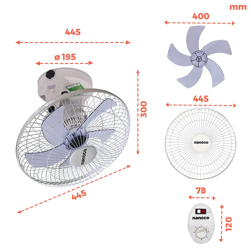 Quạt đảo trần Nanoco NOF1609 công suất 47W, đường kính cánh quạt 40cm