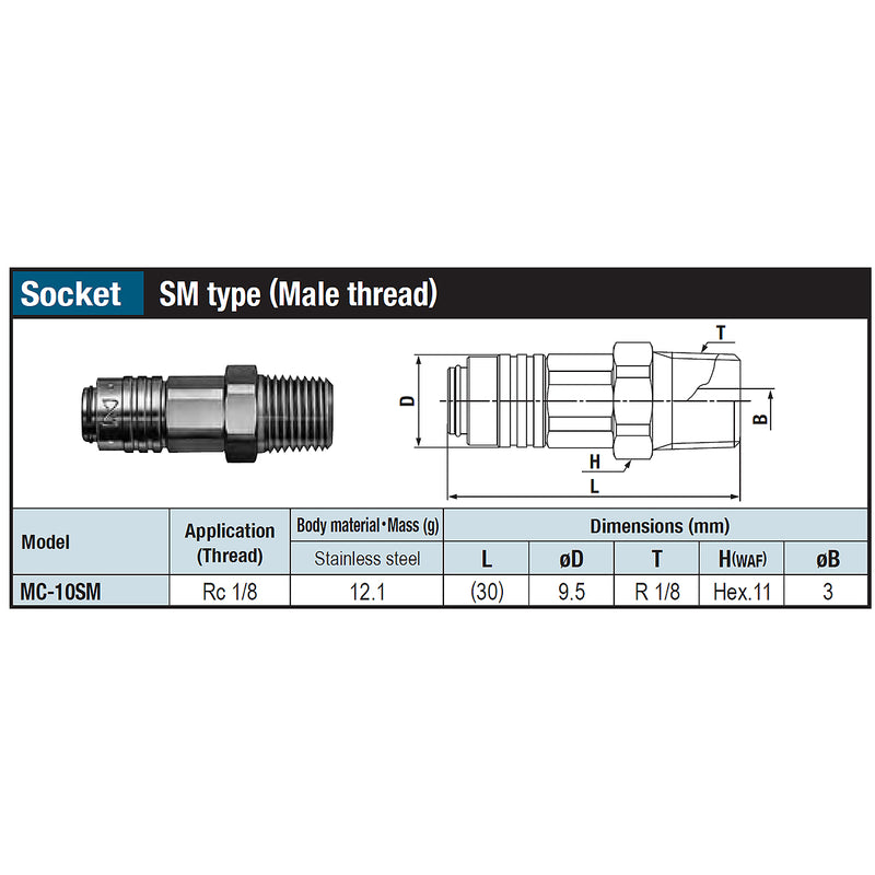 Đầu nối nhanh Micro Cupla SM-Type (Socket) MC-10SM SUS chất liệu Inox, kiểu kết nối ren ngoài Rc 1/8