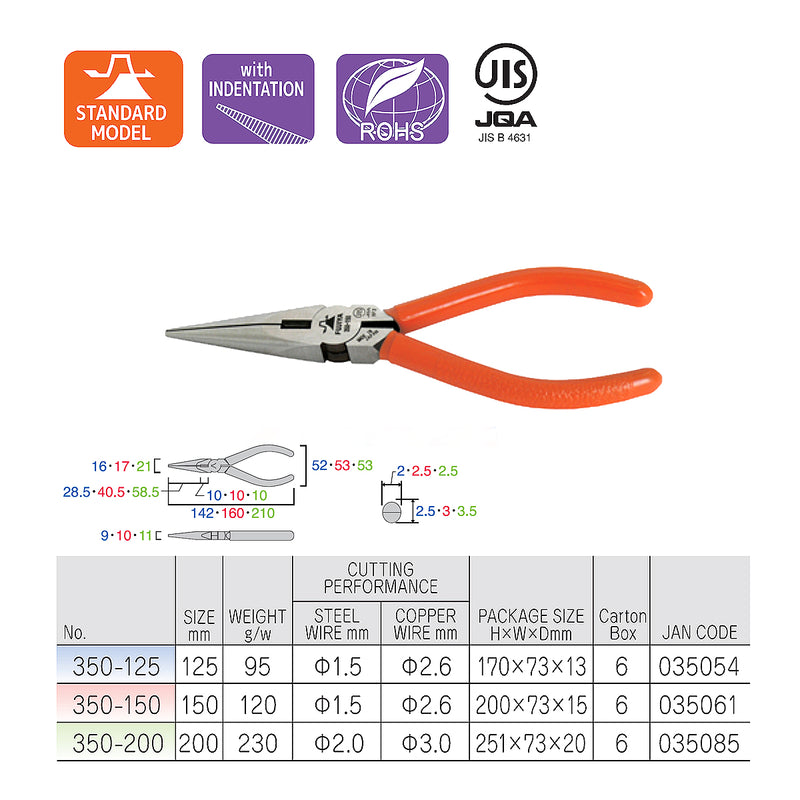Kìm nhọn mũi dài Fujiya 350-125/150/200 Series. kích thước từ 125mm - 200mm. Tiêu chuẩn RoHS