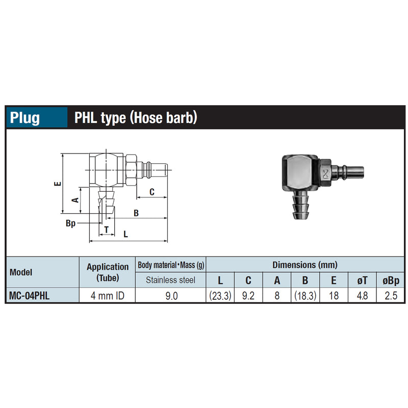 Đầu nối nhanh góc 90° Micro Cupla PHL-Type (Plug) MC-04PHL SUS chất liệu Inox, kiểu đuôi gai nối ống mềm