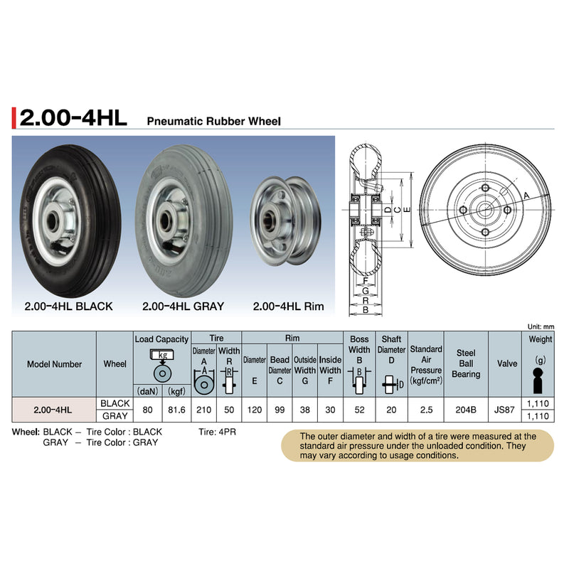 Bánh xe rời Ukai 2.00-4HL bánh cao su dùng hơi, đường kính 210mm
