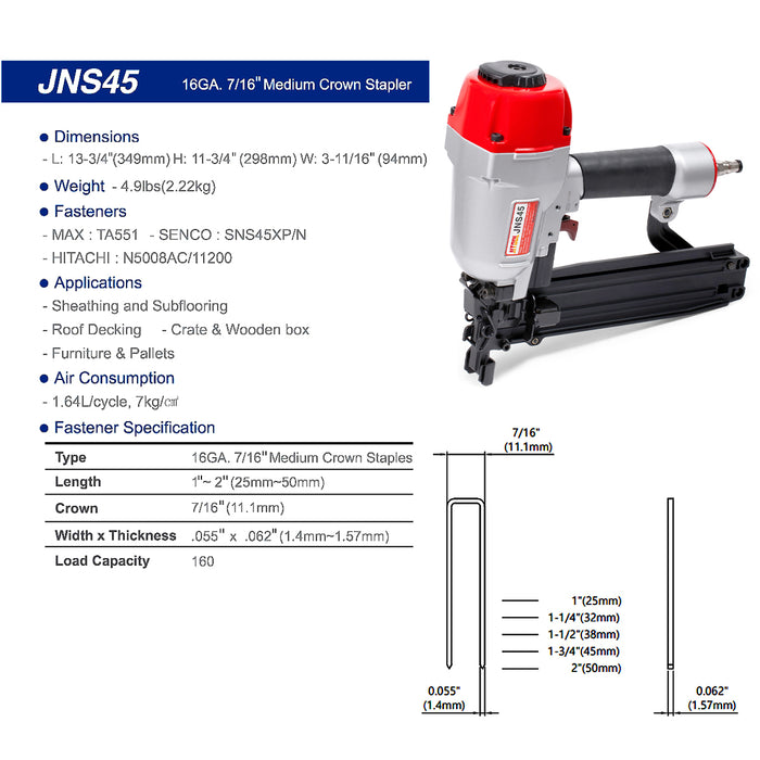 Máy bắn đinh U dùng khí nén JITOOL JNS45, kích thước đinh 25mm - 50mm (Chiều rộng đinh 11.1mm) cỡ đinh 16Ga