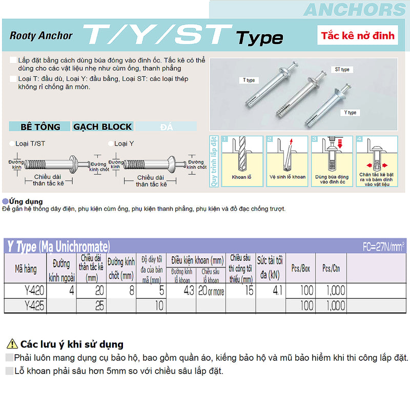 Tắc kê nở đinh đầu bằng Y-Type hệ mét Unika, chất liệu mạ Unichromate, chuyên dùng cho bê tông, gạch block và đá