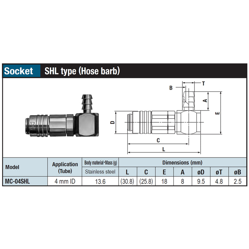 Đầu nối nhanh góc 90° Micro Cupla SHL-Type (Socket) MC-04SHL SUS chất liệu Inox, kiểu đuôi gai nối ống mềm