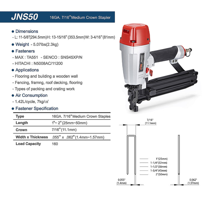 Máy bắn đinh U dùng khí nén JITOOL JNS50, kích thước đinh 25mm - 50mm (Chiều rộng đinh 11.1mm)